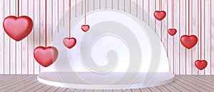 White Podium and Valentine`s day Love Concept with Red Heart on wood wall Background for product banner showcase and Copy Space