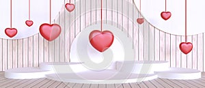 White Podium and Valentine`s day Love Concept with Red Heart on wood wall Background. stage on sale banner for Copy Space