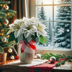 White poinsettia in vase with red bow and christmas decorations on windowsill. Christmas interior, generative ai