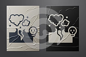 White Poisonous cloud of gas or smoke icon isolated on crumpled paper background. Stink bad smell, smoke or poison gases
