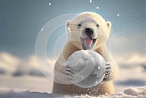 White polar bear cub playing snowball in the north pole. Animal and Seasonal concept. Generative AI