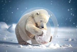 White polar bear cub playing snowball in the north pole. Animal and Seasonal concept. Generative AI