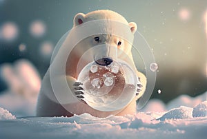 White polar bear cub playing snowball in the north pole. Animal and Seasonal concept. Generative AI