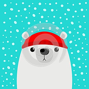 White polar bear head face. Red hat. Merry Christmas. Happy New Year. Greeting card. Cute cartoon kawaii baby character. Funny