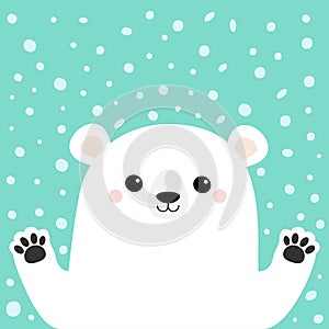 White polar bear holding hands paw print. Cute cartoon funny kawaii baby character. Merry Christmas Greeting Card. Flat design.