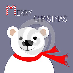 White polar bear in red scarf. Candy cane. Merry Christmas Greeting Card. Violet background. Flat design