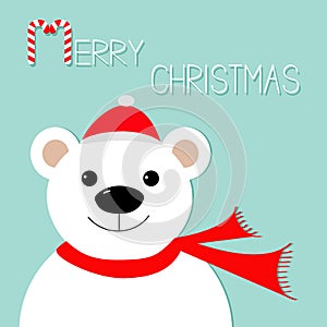 White polar bear in Santa Claus hat and scarf. Candy cane. Merry Christmas Greeting Card. Blue background. Flat design