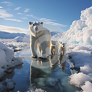 White polar bear among snow and ice. A family of northern bears, they are also called oshkuy, nanuk or umka