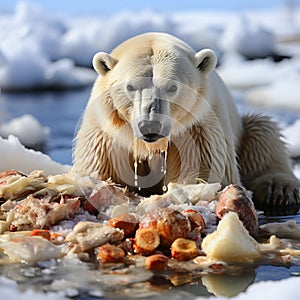 White polar bear among snow and ice. A family of northern bears, they are also called oshkuy, nanuk or umka