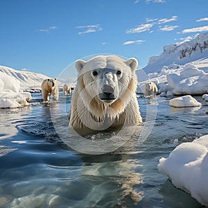 White polar bear among snow and ice. A family of northern bears, they are also called oshkuy, nanuk or umka