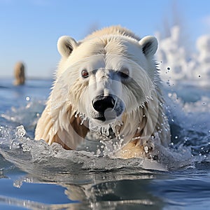 White polar bear among snow and ice. A family of northern bears, they are also called oshkuy, nanuk or umka