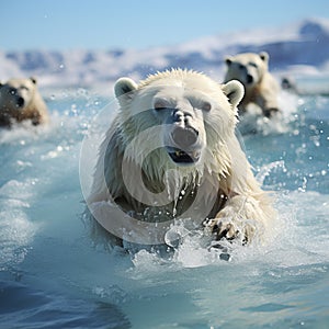 White polar bear among snow and ice. A family of northern bears, they are also called oshkuy, nanuk or umka