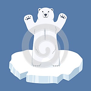 White polar bear stands on paws on ice floe. Vector flat cartoon illustration.