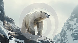 White polar bear (Ursus maritimus) standing on a rocky mountain at snowy day