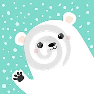 White polar bear waving hand paw print. Cute cartoon funny kawaii baby character. Merry Christmas Greeting Card. Flat design. Blue