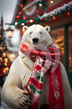 White polar bear wearing a red scarf on the background of Christmas decorations. Generative Ai.