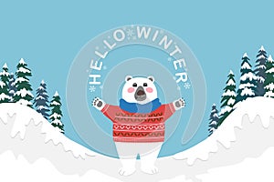 White polar bear wearing red sweater and scarf standing and hands up with texts Hello Winter, mountain, pine trees, snow and blue