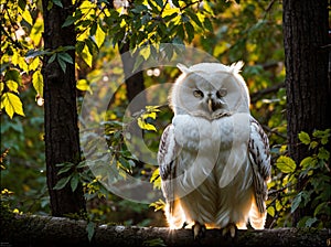 A white polar owl in the forest on a branch.