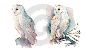 White polar owl. Watercolor clipart in pastel colors