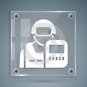 White Police officer icon isolated on grey background. Square glass panels. Vector