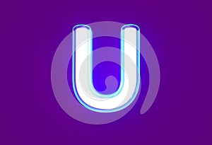 White polished neon light blue glow alphabet - letter U isolated on purple, 3D illustration of symbols