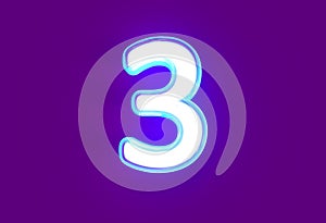 White shine neon light blue glow font - number 3 isolated on purple background, 3D illustration of symbols