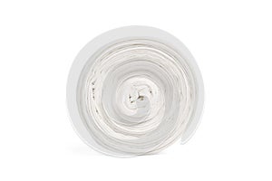 White polyethylene trash bag roll isolated on white background. Disposable packaging plastic garbage bags