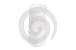 White polyethylene trash bag roll isolated on white background. Disposable packaging plastic garbage bags