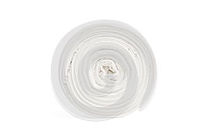 White polyethylene trash bag roll isolated on white background. Disposable packaging plastic garbage bags