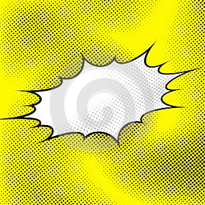 White pop art style explosion over yellow dotted background