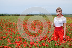 White poppy flower in the hands of a girl in the middle of a field of red poppies