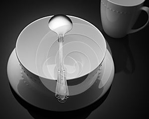 White porcelain bowl spoon coffee tea cup on a black background Kitchen