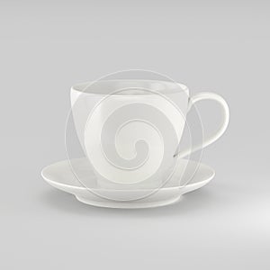 White porcelain cup and saucer on a gray background, cup for drinks, tea and coffee, mockup for advertising and design. 3d