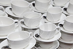 White porcelain cups for coffee or tea. coffee break at a business seminar.