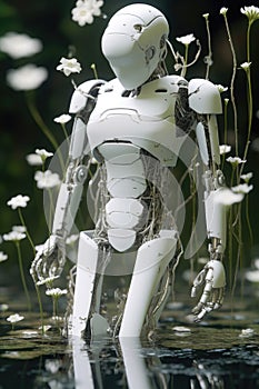 White porcelain robot standing in a lake water with a tiny flowers. AI generated
