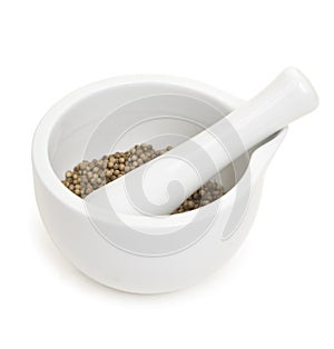 White porcelain set mortar and pestle with coriander grains. Isolated on white