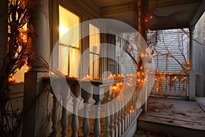 white porch railing draped with bittersweet vine and orange lights