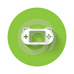 White Portable video game console icon isolated with long shadow. Gamepad sign. Gaming concept. Green circle button