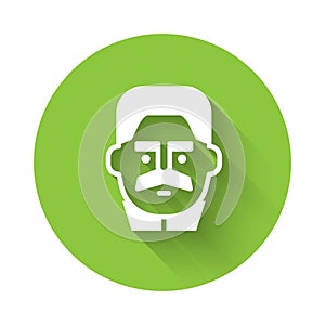 White Portrait of Joseph Stalin icon isolated with long shadow. Green circle button. Vector