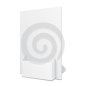 White POS POI Cardboard Blank Empty Show Box Holder For Advertising Fliers, Leaflets Or Products Isolated.