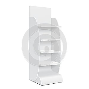 White POS POI Cardboard Floor Display Rack For Supermarket Blank Empty Displays With Shelves Products Isolated.