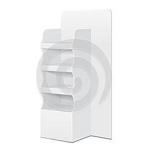 White POS POI Cardboard Floor Display Rack For Supermarket Blank Empty Displays With Shelves Products Isolated.