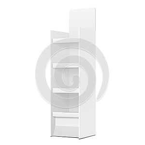 White POS POI Cardboard Floor Display Rack For Supermarket Blank Empty Displays With Shelves Products. photo