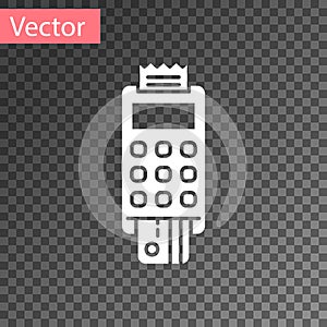 White POS terminal with inserted credit card and printed reciept icon isolated on transparent background. NFC payment