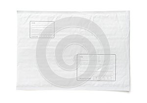 White postal package with area for write address. Plastic parcel object background for online shopping advertising. Isolated on