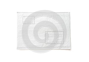 White postal package with area for write address. Plastic parcel object background for online shopping advertising. Isolated on