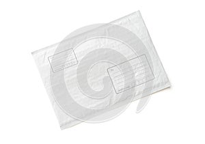 White postal package with area for write address. Plastic parcel object background for online shopping advertising. Isolated on