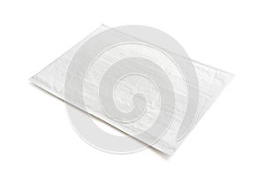 White postal package. Plastic parcel object background for online shopping advertising. Isolated on white background with clipping