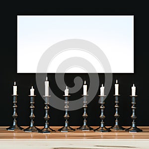White poster on black wall illuminated a variety of candles. Mock up in vintage style. 3d render
