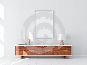 White Poster Frame hanging on the wall, modern bureau with Table lamp